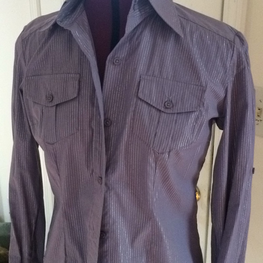 Button-down tunic, lavender w/ shimmer pinstripe